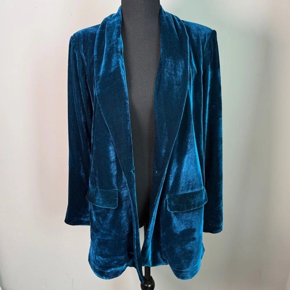 Anthropologie Endless Rose Teal Velvet Blazer Small | Quiet Luxury